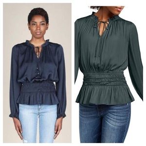 Current Air / Vera charcoal grey satin ruched tie neck long sleeve blouse m